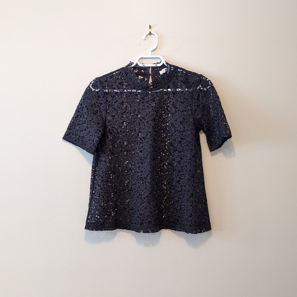 LOFT Grey Lace Top High Neck Short Sleeves - Picture 2 of 9